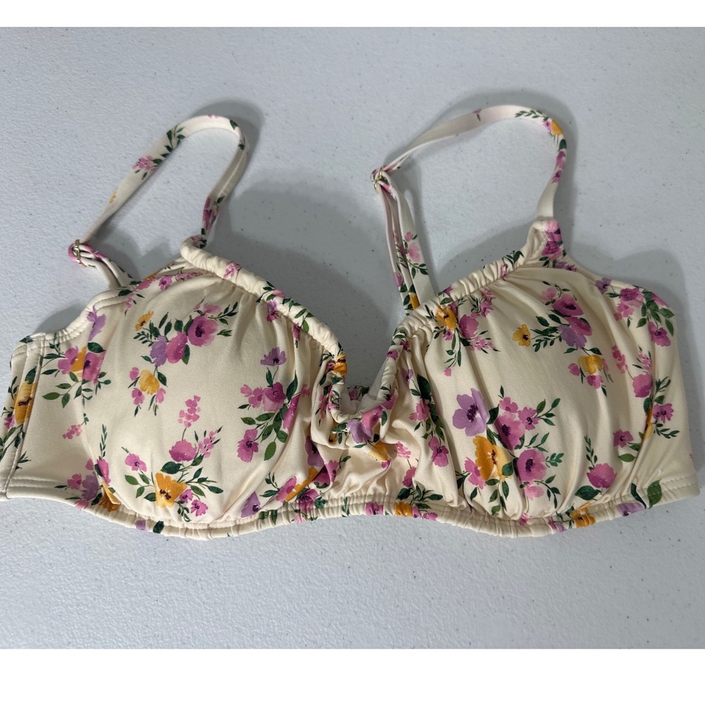 Shade & Shore Women 34C Cream Floral Underwire Ruched Bikini Top Swimwear